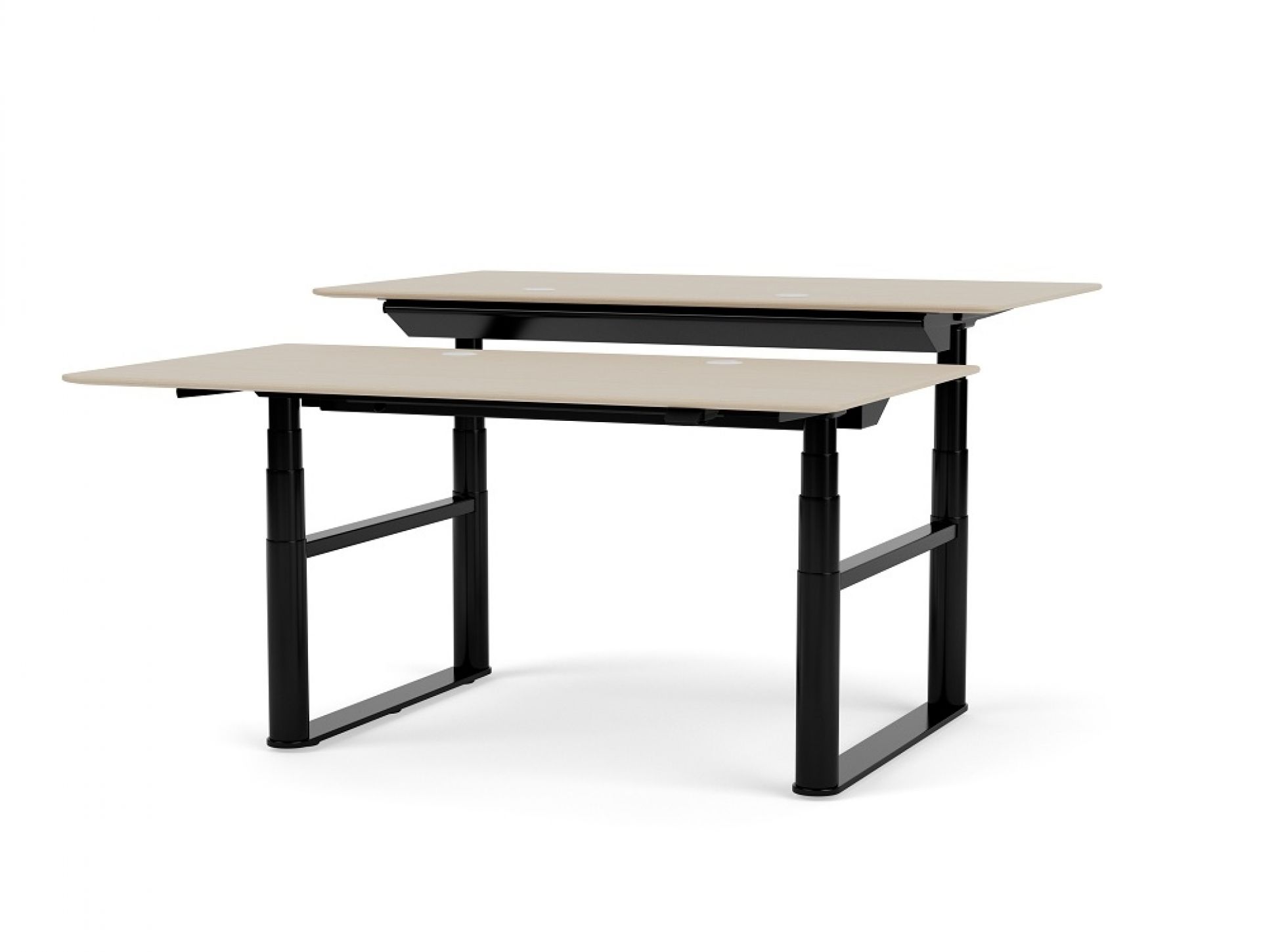 HiLow Double Arbeitstisch: Höhenverstellbarer Schreibtisch mit zwei Ebenen und schwarzem Gestell.